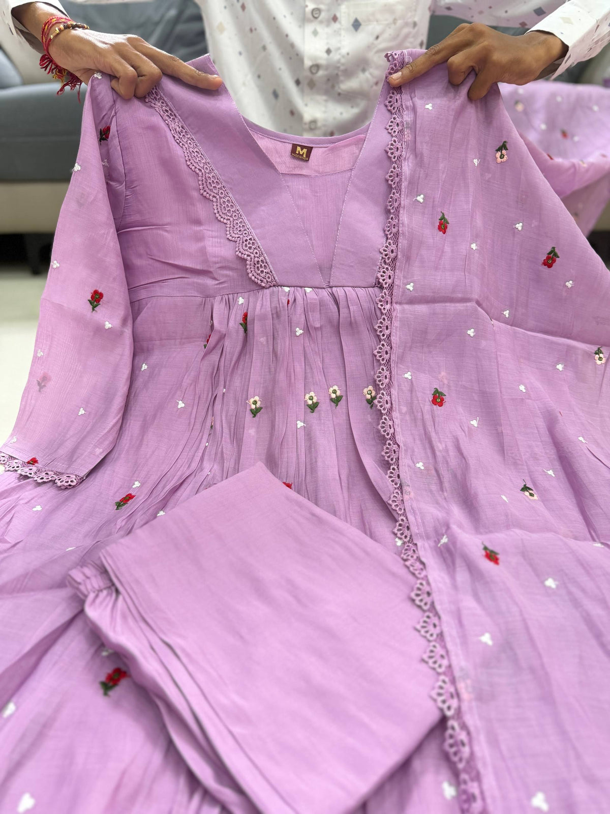 Lavender Embroidered Pure Mal Chanderi Anarkali Suit Set