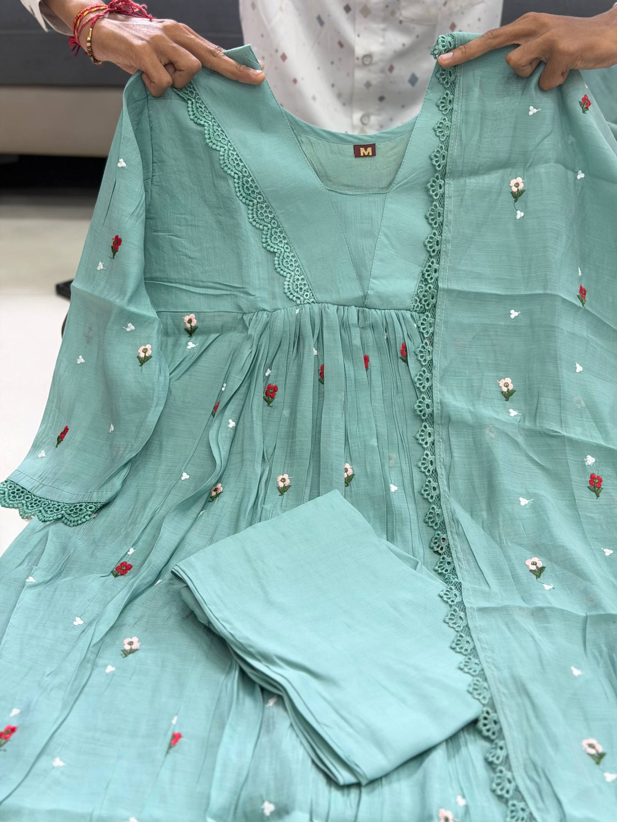 Aqua Blue Floral Embroidered Pure Mal Chanderi Anarkali Suit Set