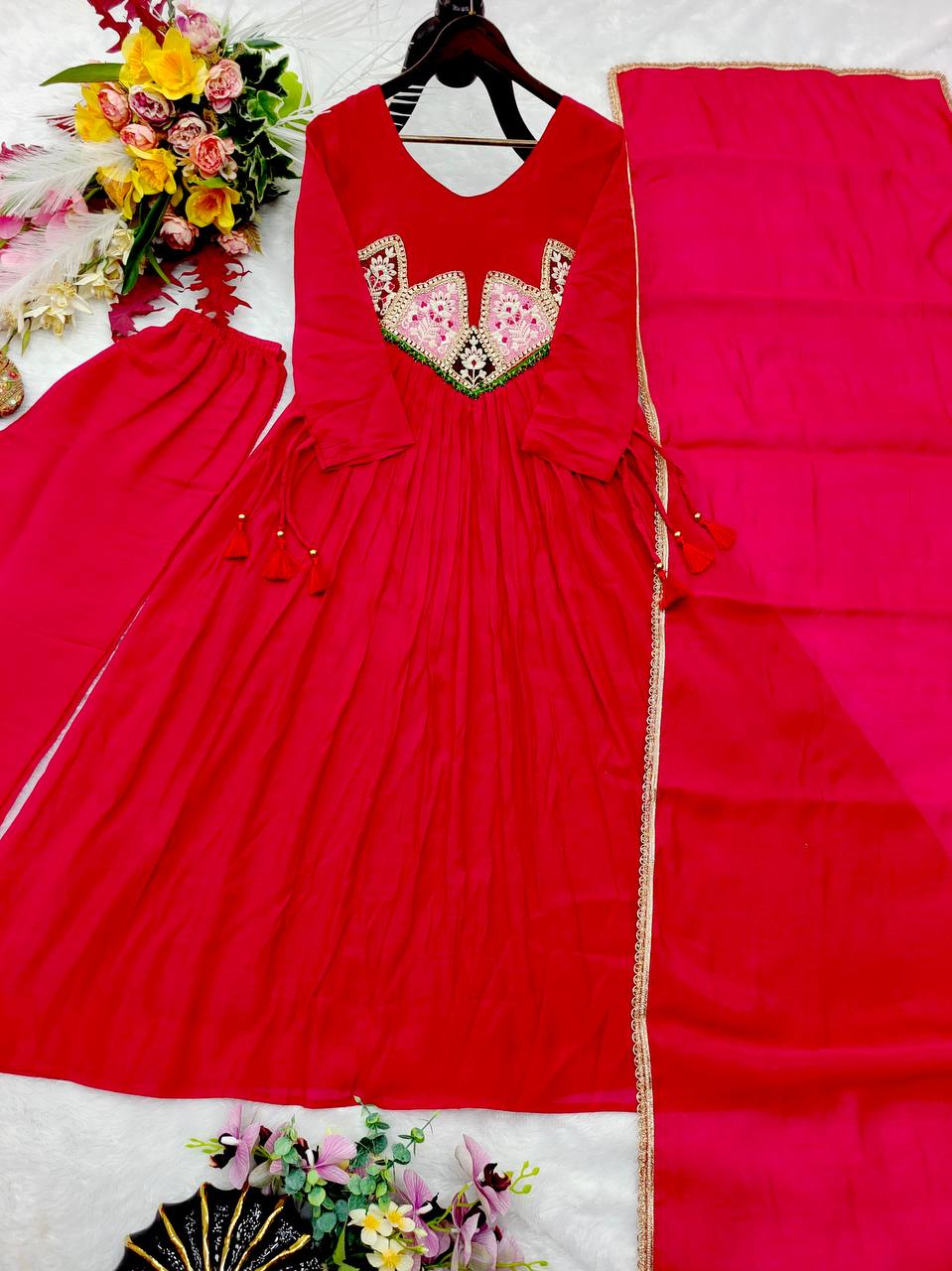 Red Wine Embroidered Pure Mal Chanderi Anarkali Suit Set
