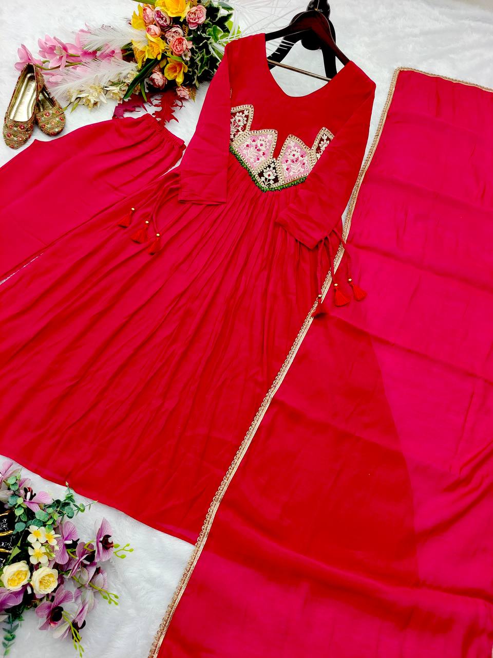 Red Wine Embroidered Pure Mal Chanderi Anarkali Suit Set