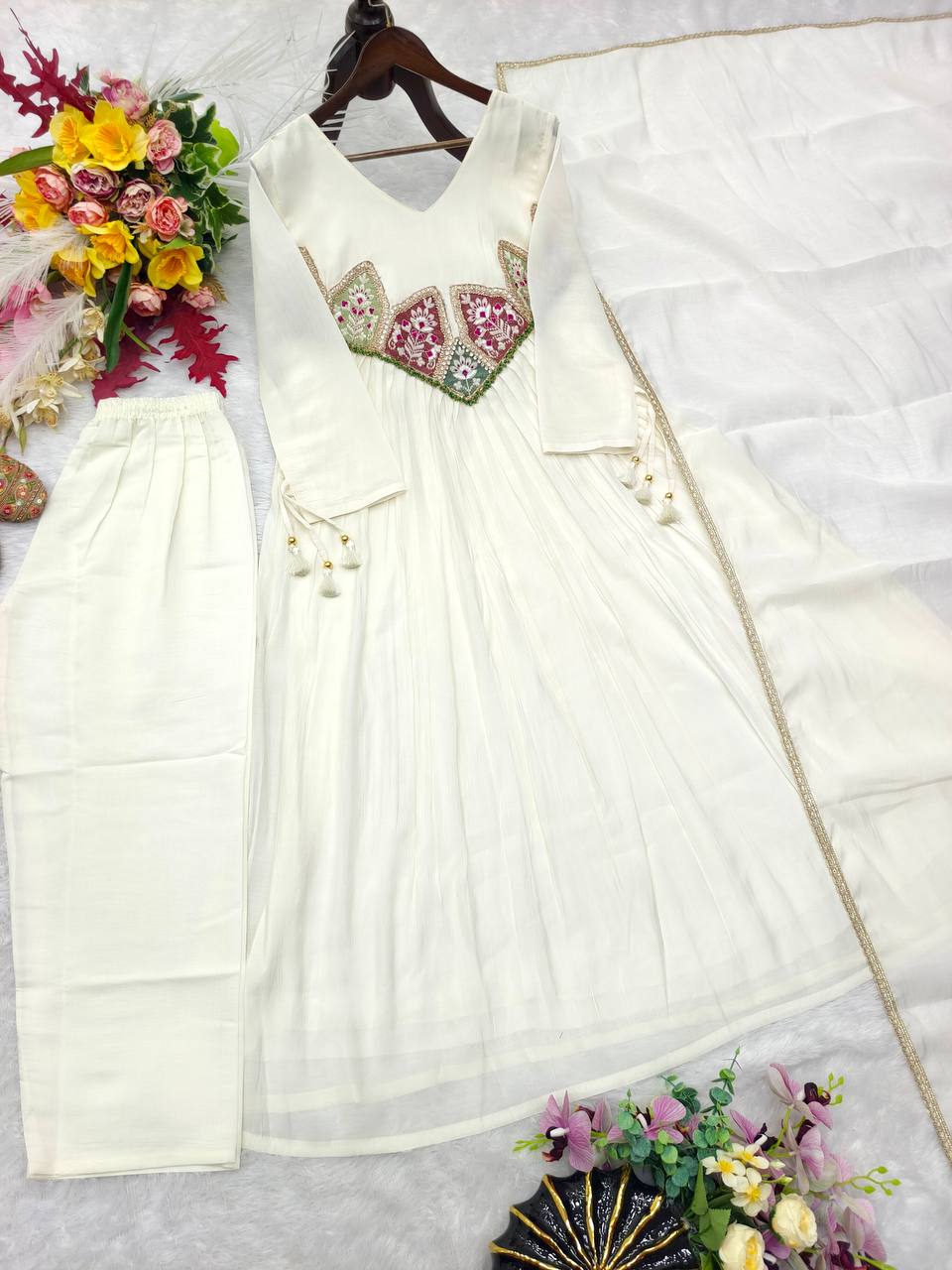 Ivory Embroidered Pure Mal Chanderi Anarkali Suit Set