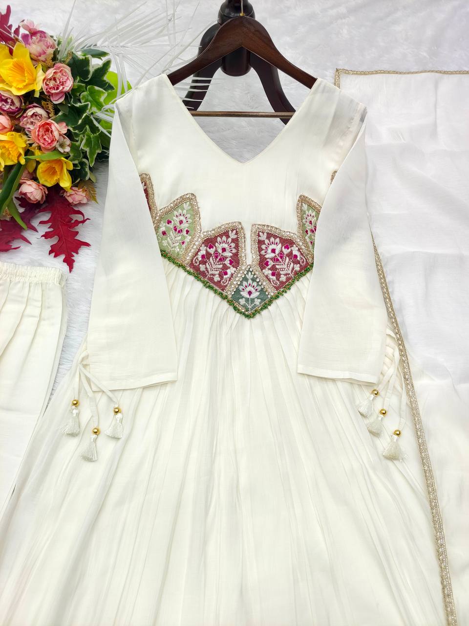 Ivory Embroidered Pure Mal Chanderi Anarkali Suit Set