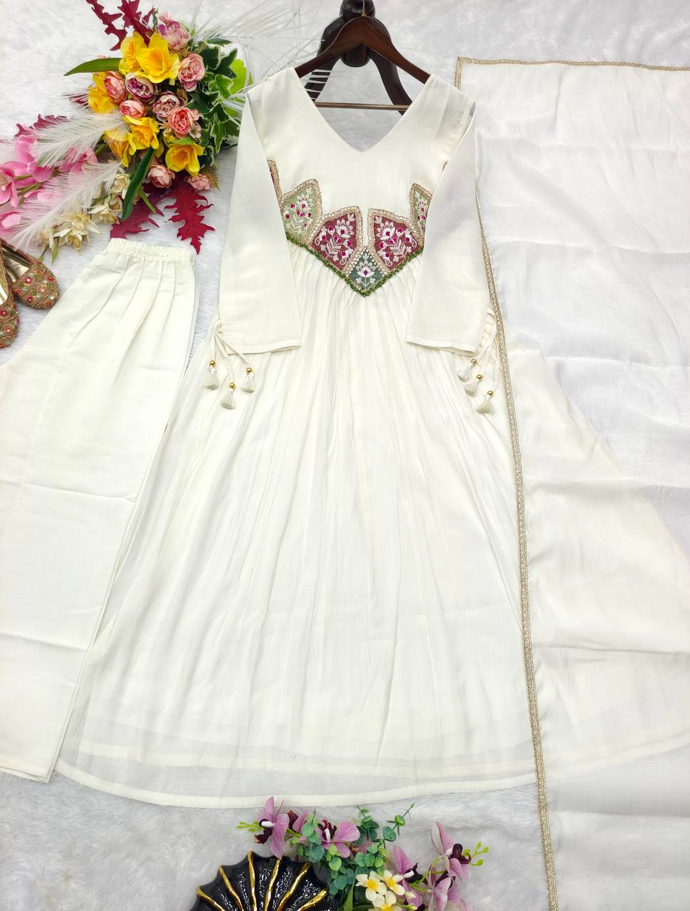 Ivory Embroidered Pure Mal Chanderi Anarkali Suit Set
