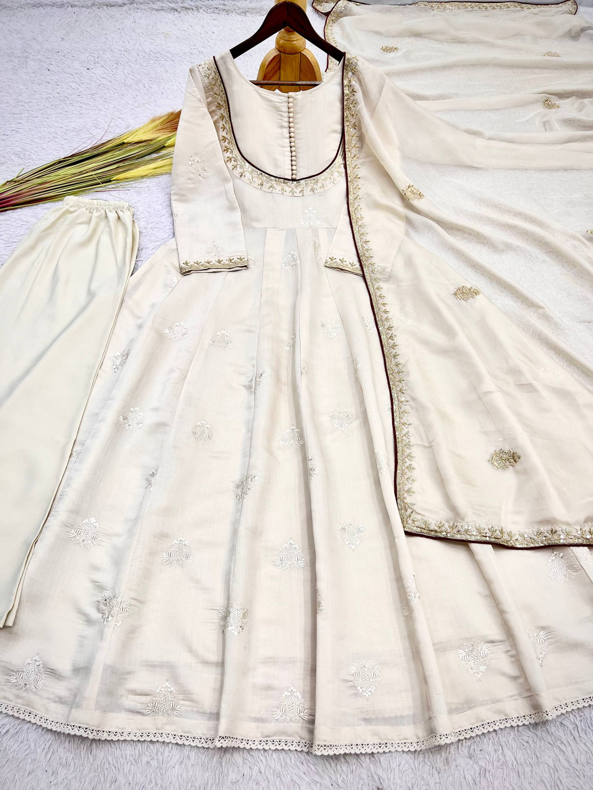 Ivory White Embroidered Anarkali Suit Set with Dupatta