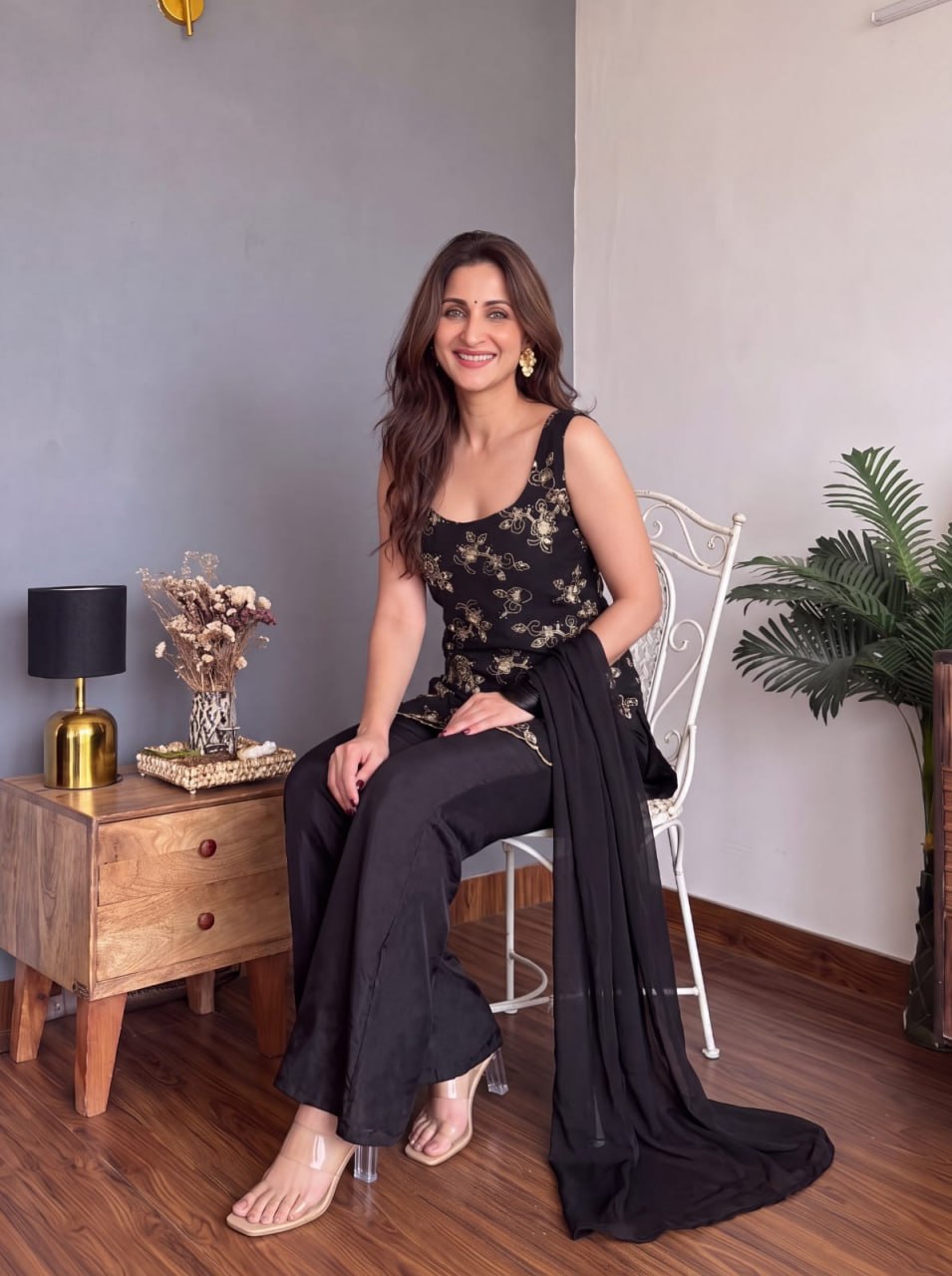 Black Floral Embroidered Faux Georgette Pant Suit Set