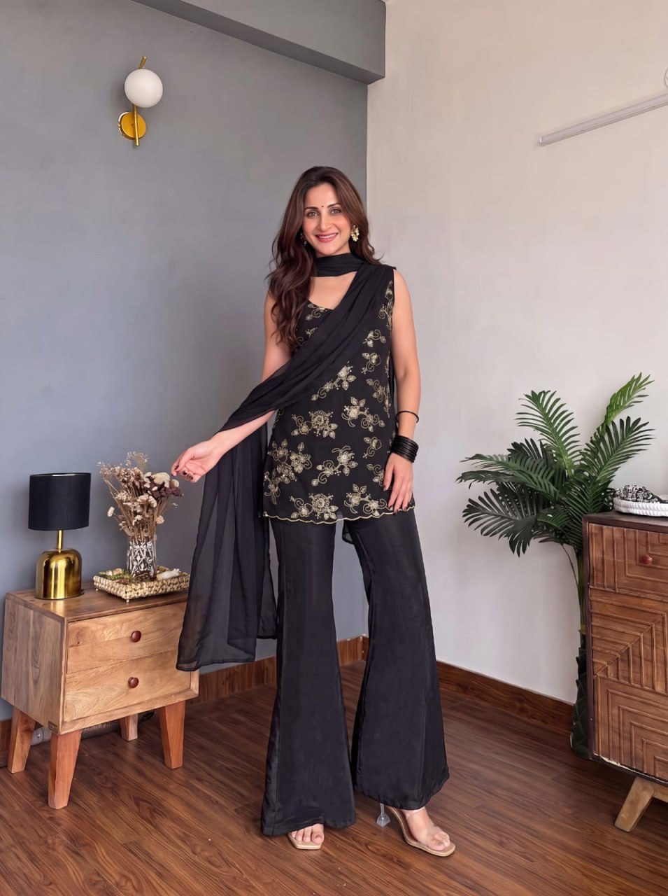 Black Floral Embroidered Faux Georgette Pant Suit Set