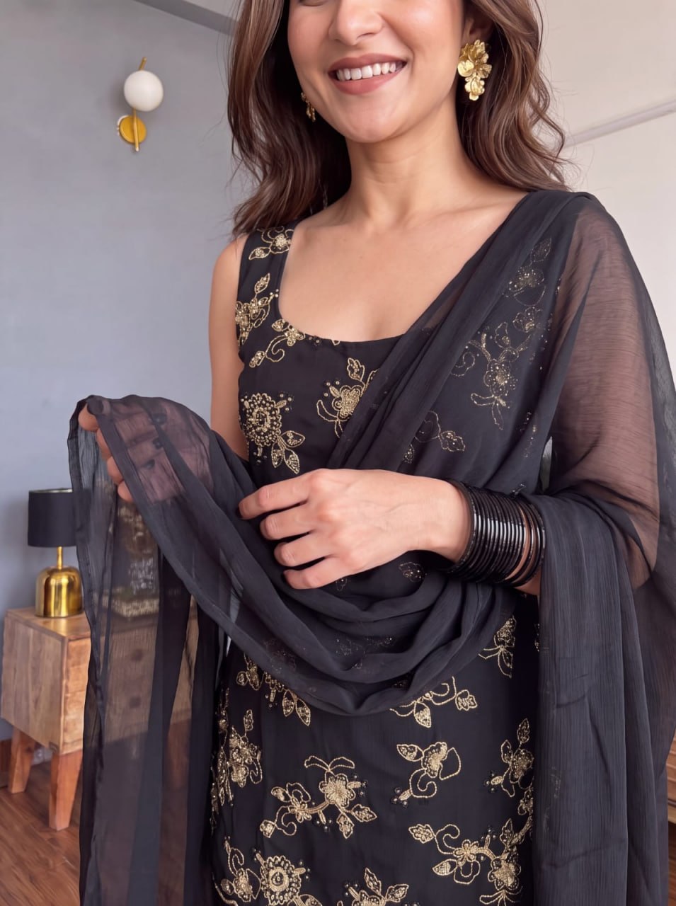 Black Floral Embroidered Faux Georgette Pant Suit Set