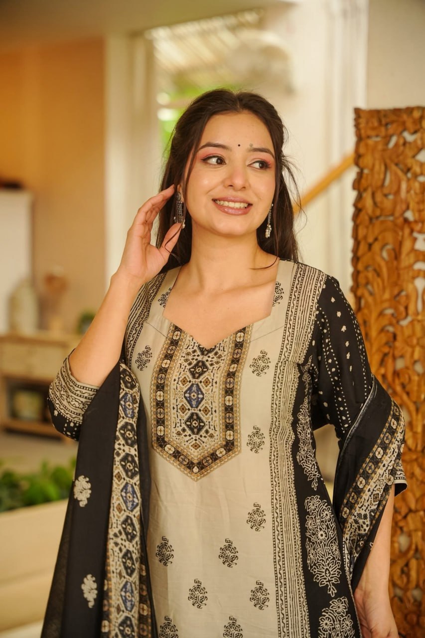 Black & Beige Printed Rayon Slub Kurta Pant Dupatta Set