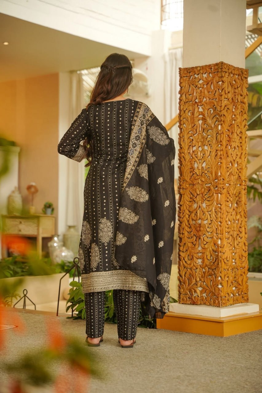 Black & Beige Printed Rayon Slub Kurta Pant Dupatta Set