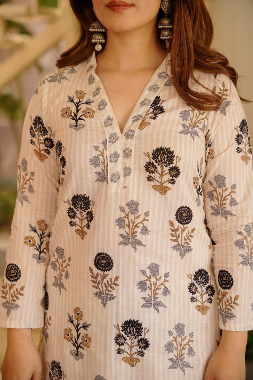 Ivory Floral Printed Rayon Slub Kurta Pant Dupatta Set