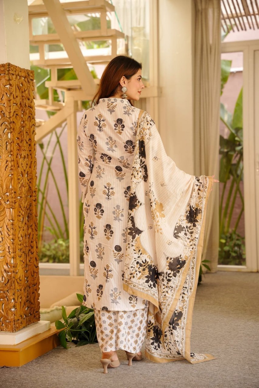Ivory Floral Printed Rayon Slub Kurta Pant Dupatta Set