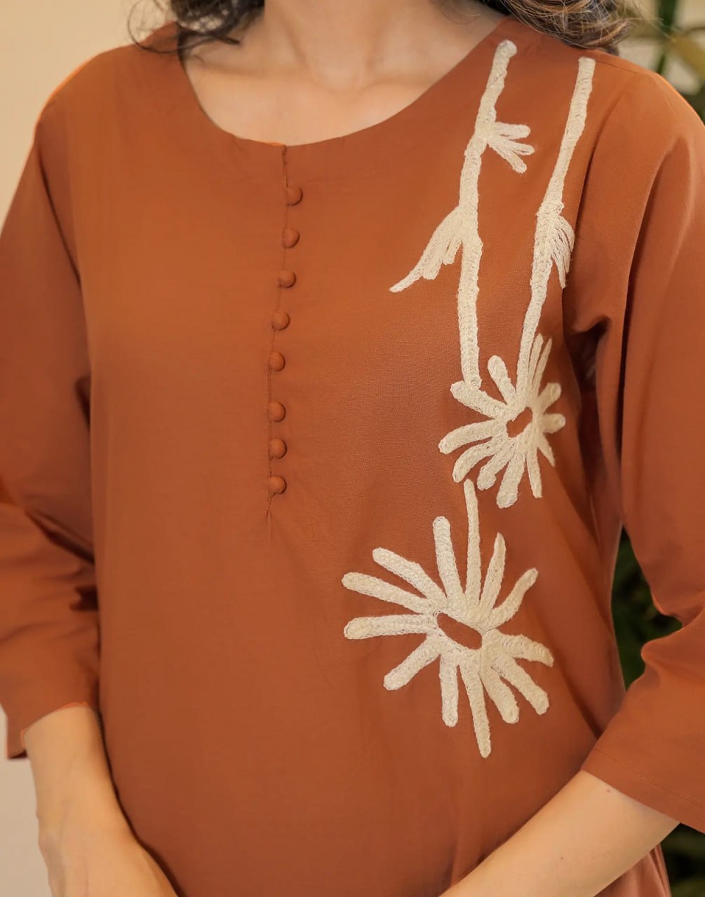 Rust Brown Floral Embroidered Rayon Slub Kurta Pant Dupatta Set