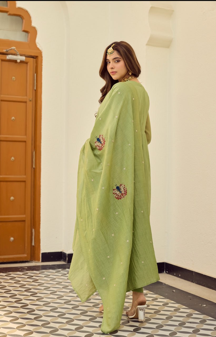 Pastel Green Embroidered Chanderi Silk Anarkali Pant Dupatta Set