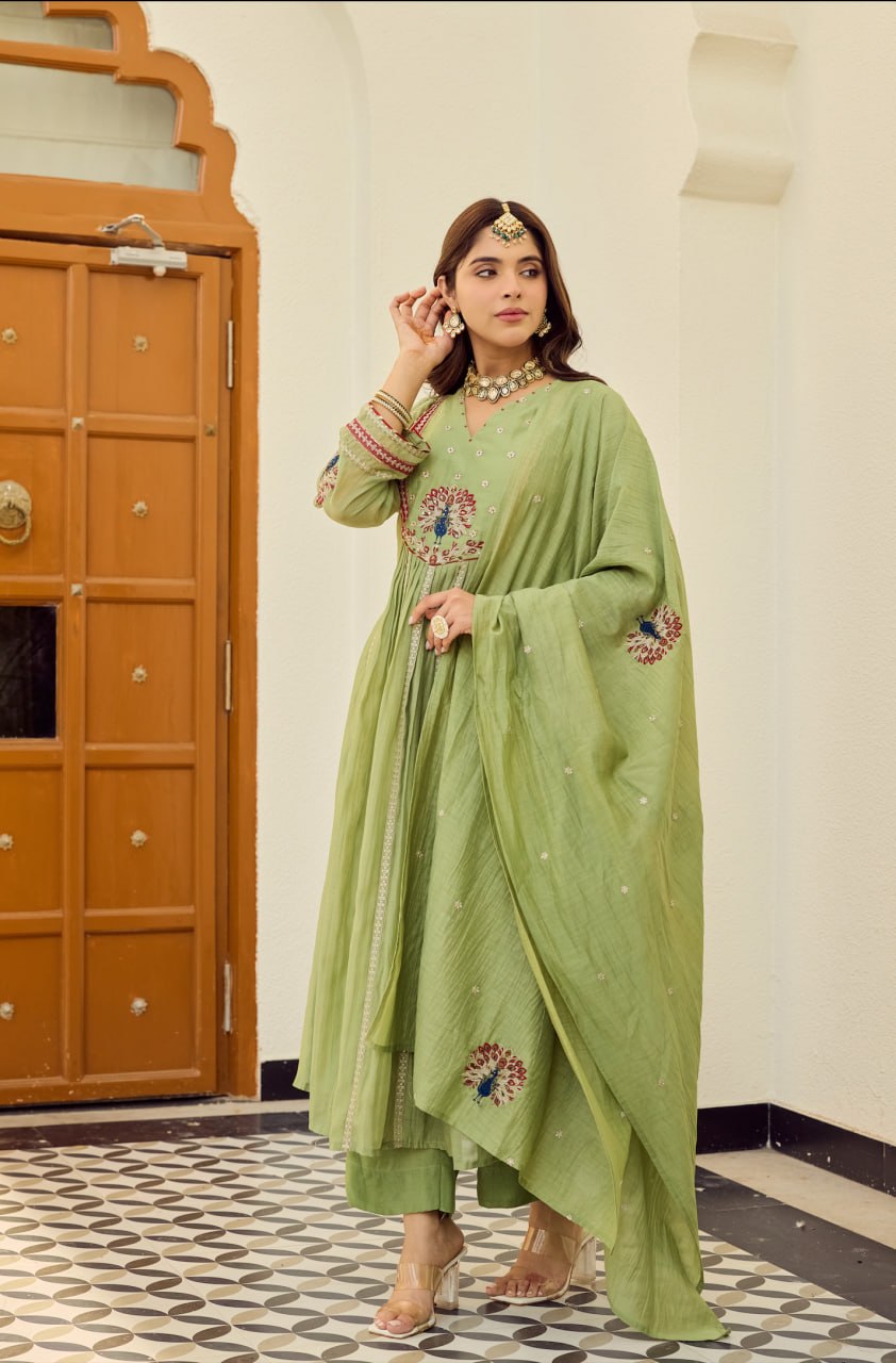 Pastel Green Embroidered Chanderi Silk Anarkali Pant Dupatta Set