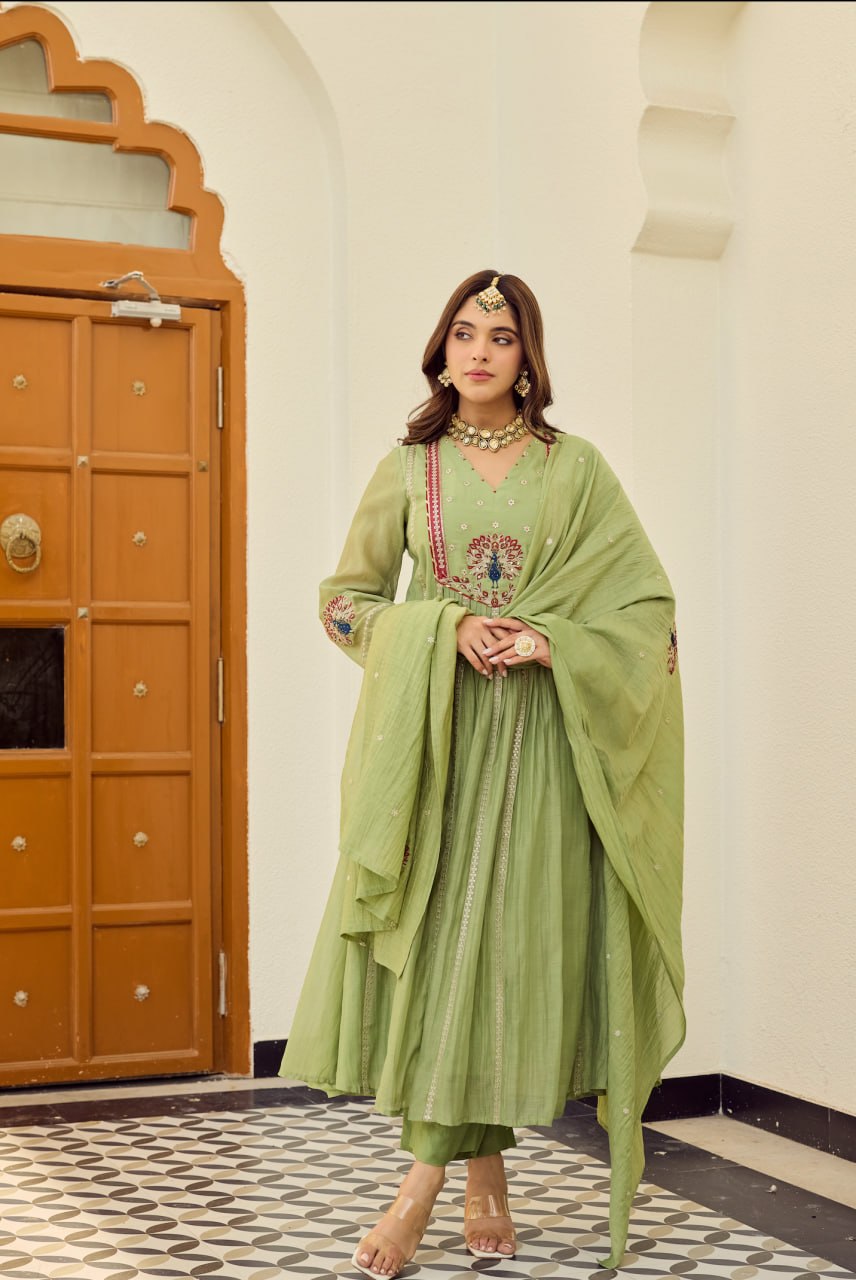Pastel Green Embroidered Chanderi Silk Anarkali Pant Dupatta Set