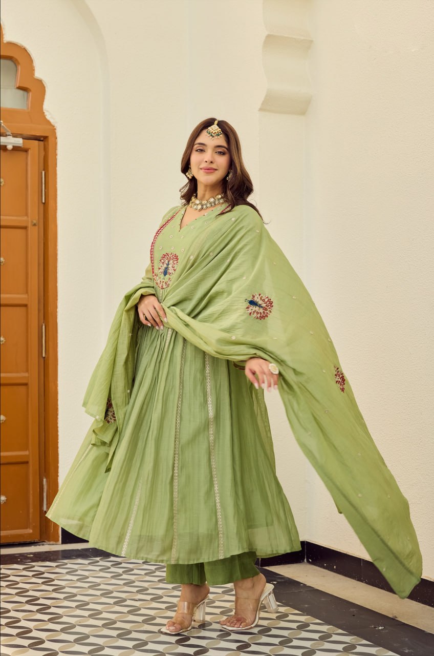 Pastel Green Embroidered Chanderi Silk Anarkali Pant Dupatta Set