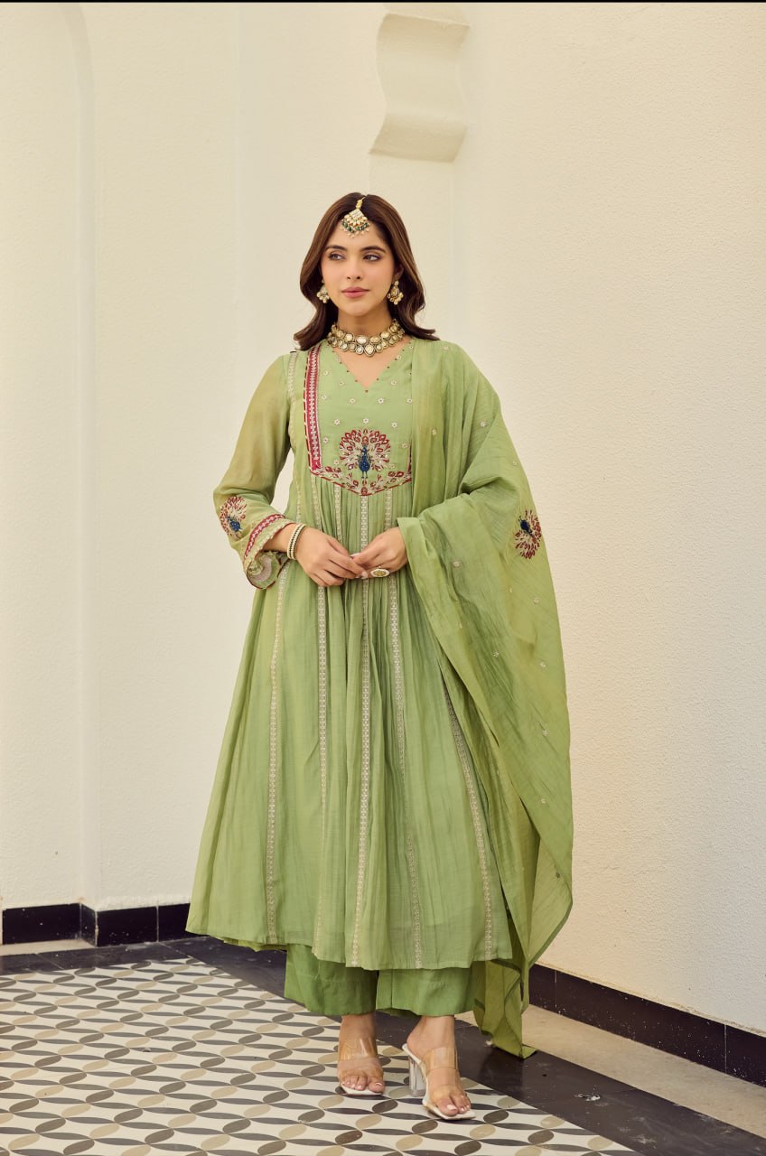 Pastel Green Embroidered Chanderi Silk Anarkali Pant Dupatta Set