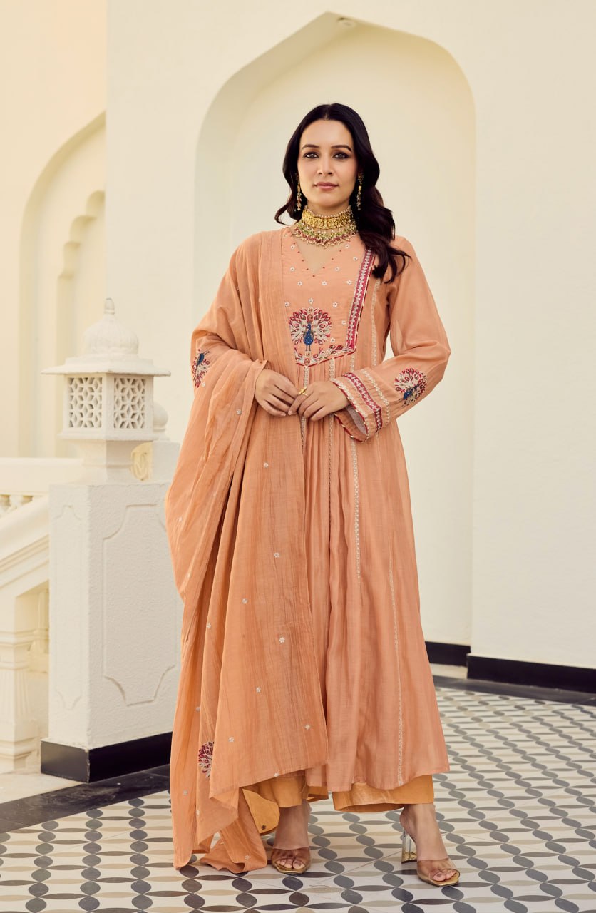 Peach Embroidered Chanderi Silk Anarkali Pant Dupatta Set