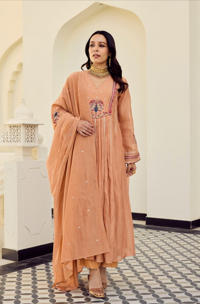 Peach Embroidered Chanderi Silk Anarkali Pant Dupatta Set