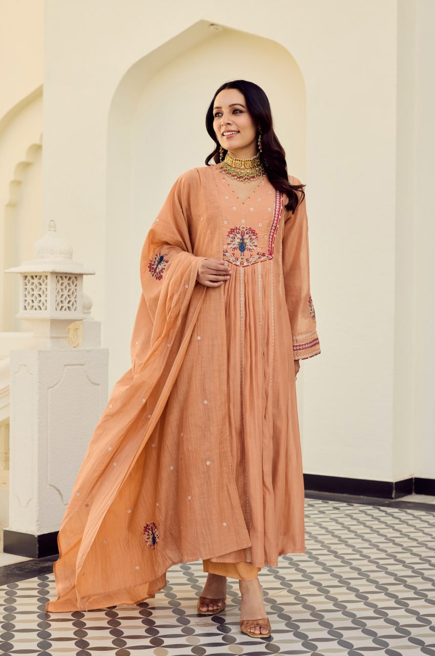 Peach Embroidered Chanderi Silk Anarkali Pant Dupatta Set