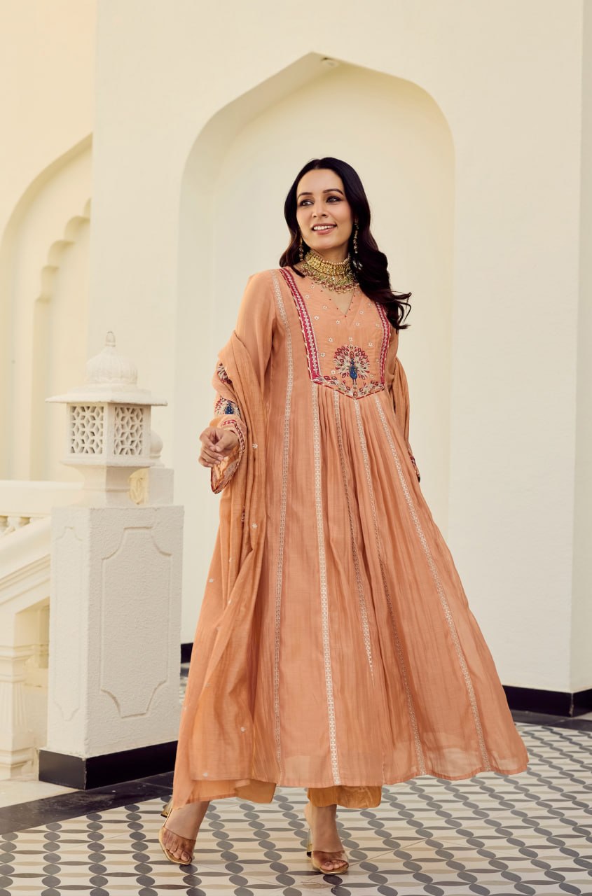 Peach Embroidered Chanderi Silk Anarkali Pant Dupatta Set