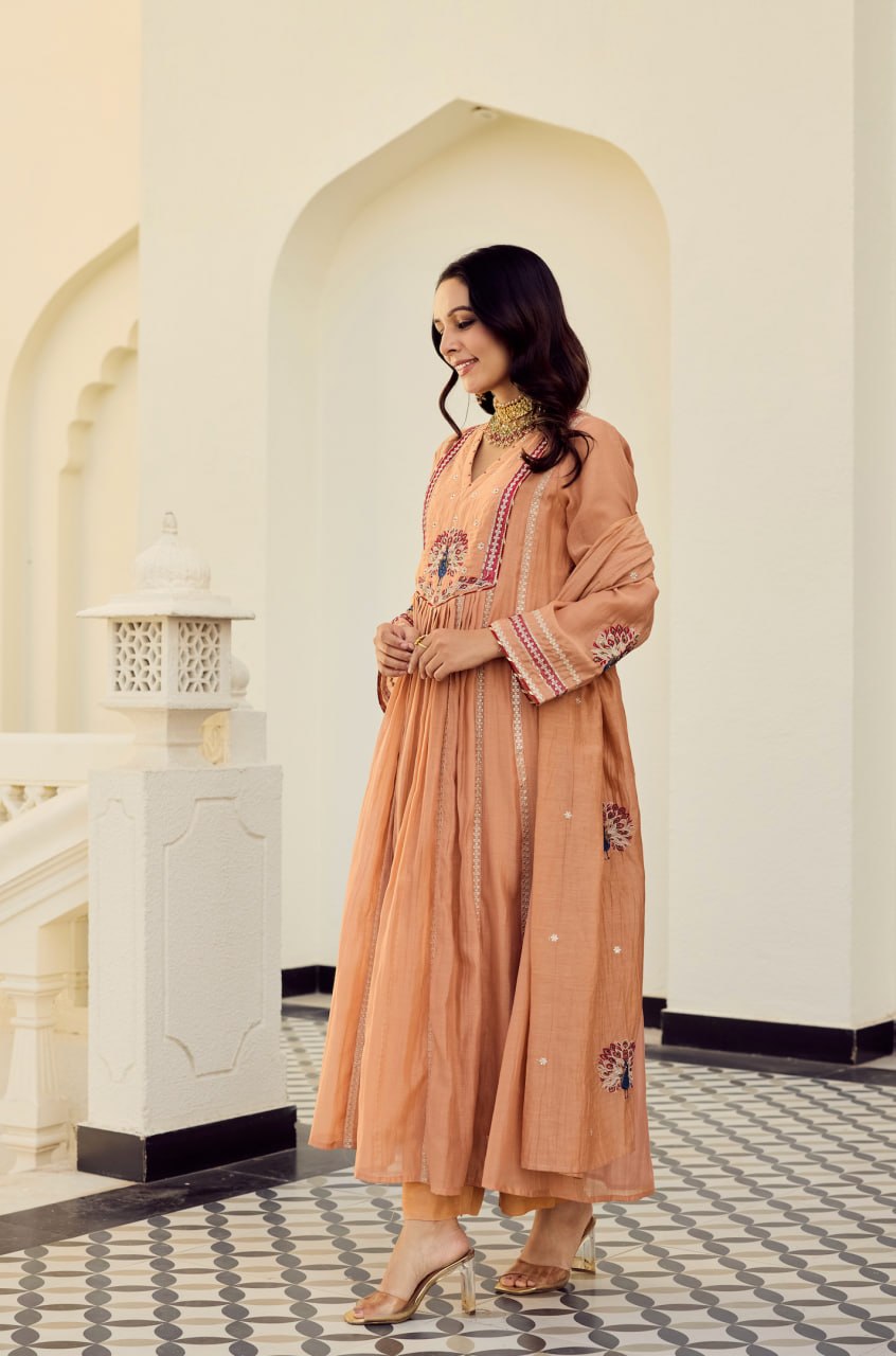 Peach Embroidered Chanderi Silk Anarkali Pant Dupatta Set