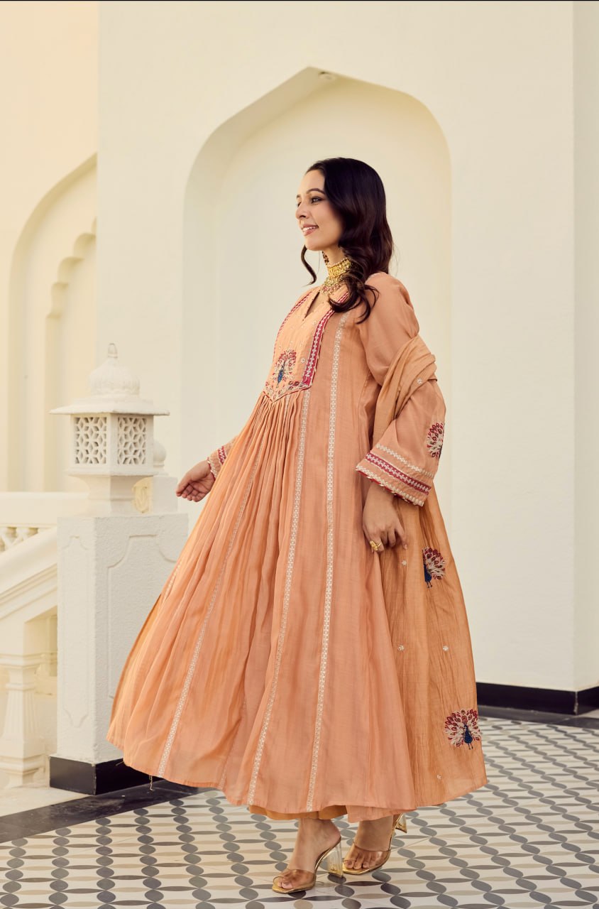 Peach Embroidered Chanderi Silk Anarkali Pant Dupatta Set