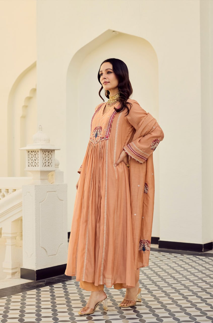 Peach Embroidered Chanderi Silk Anarkali Pant Dupatta Set
