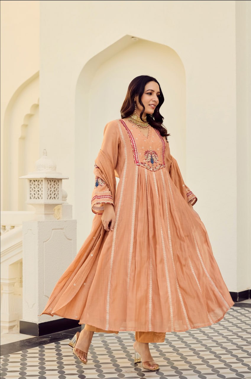 Peach Embroidered Chanderi Silk Anarkali Pant Dupatta Set