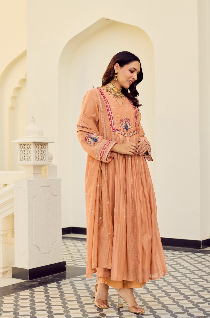 Peach Embroidered Chanderi Silk Anarkali Pant Dupatta Set
