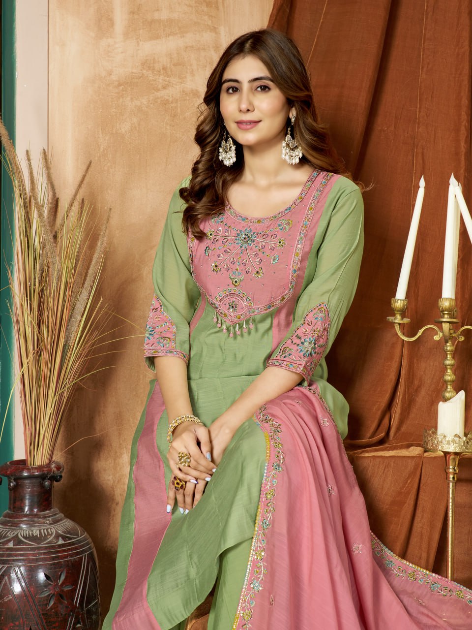 Mint Green & Pink Embroidered Mal Chanderi Kurta Set with Dupatta
