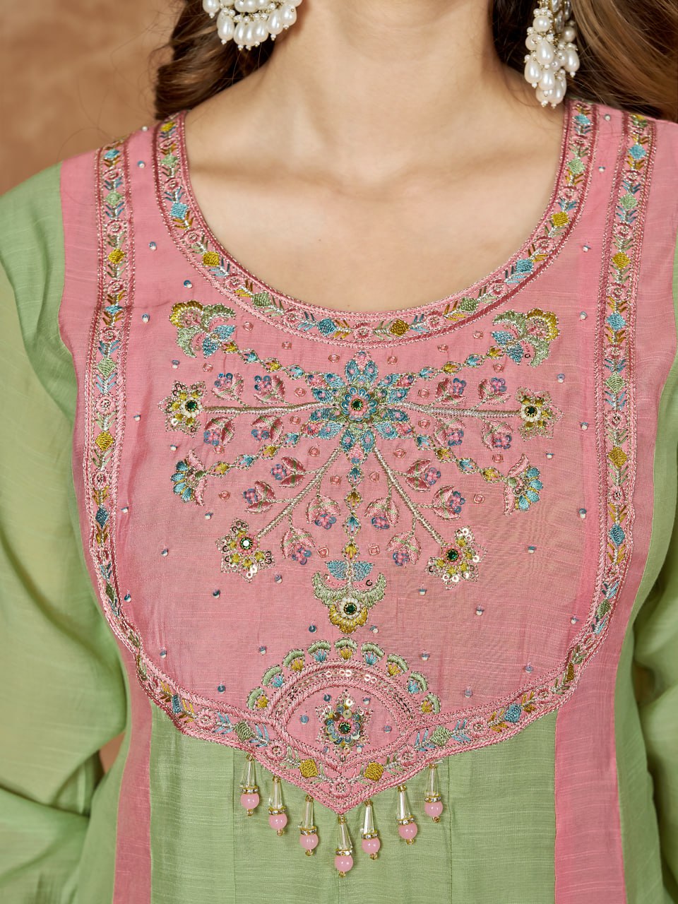 Mint Green & Pink Embroidered Mal Chanderi Kurta Set with Dupatta