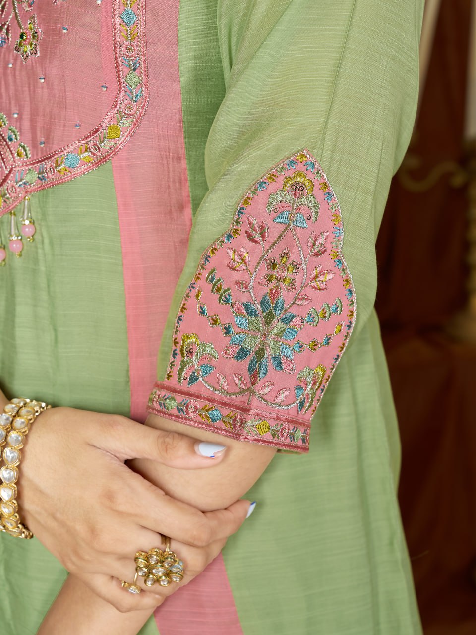 Mint Green & Pink Embroidered Mal Chanderi Kurta Set with Dupatta