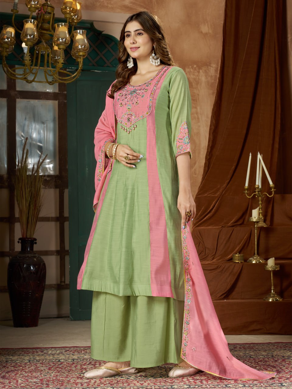 Mint Green & Pink Embroidered Mal Chanderi Kurta Set with Dupatta