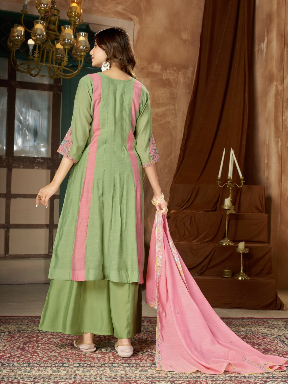 Mint Green & Pink Embroidered Mal Chanderi Kurta Set with Dupatta