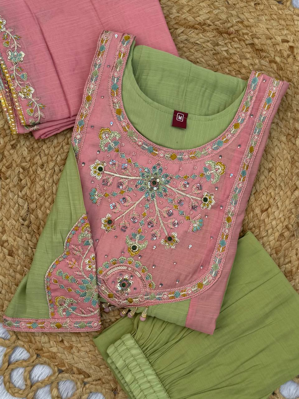 Mint Green & Pink Embroidered Mal Chanderi Kurta Set with Dupatta