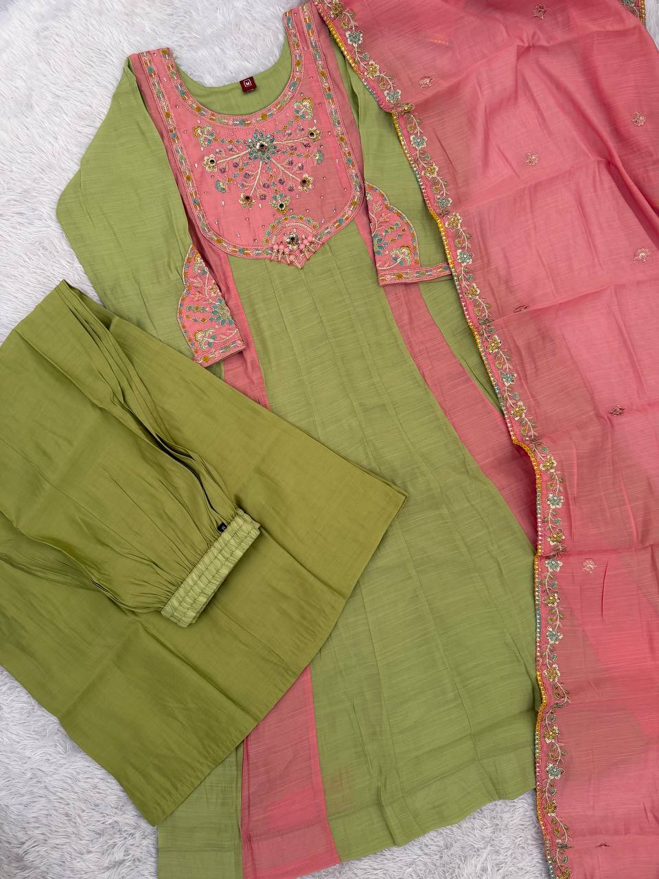 Mint Green & Pink Embroidered Mal Chanderi Kurta Set with Dupatta