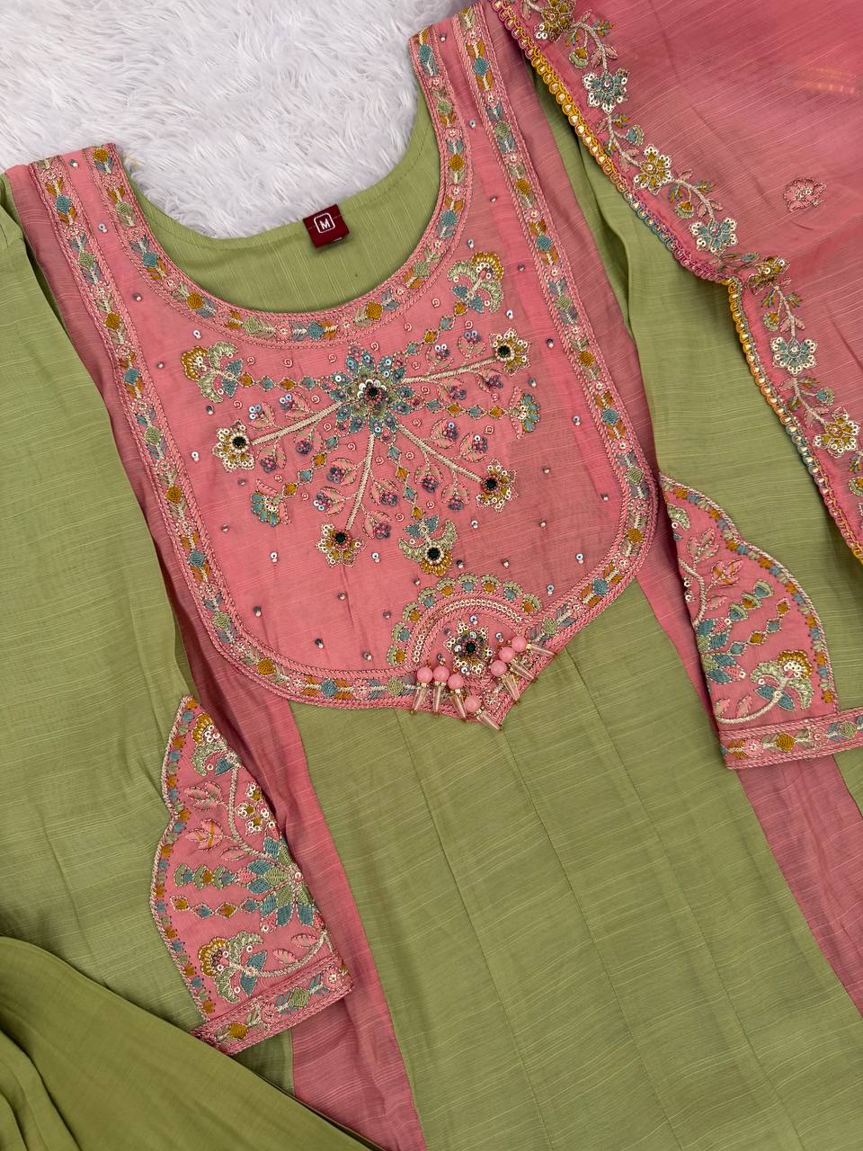 Mint Green & Pink Embroidered Mal Chanderi Kurta Set with Dupatta