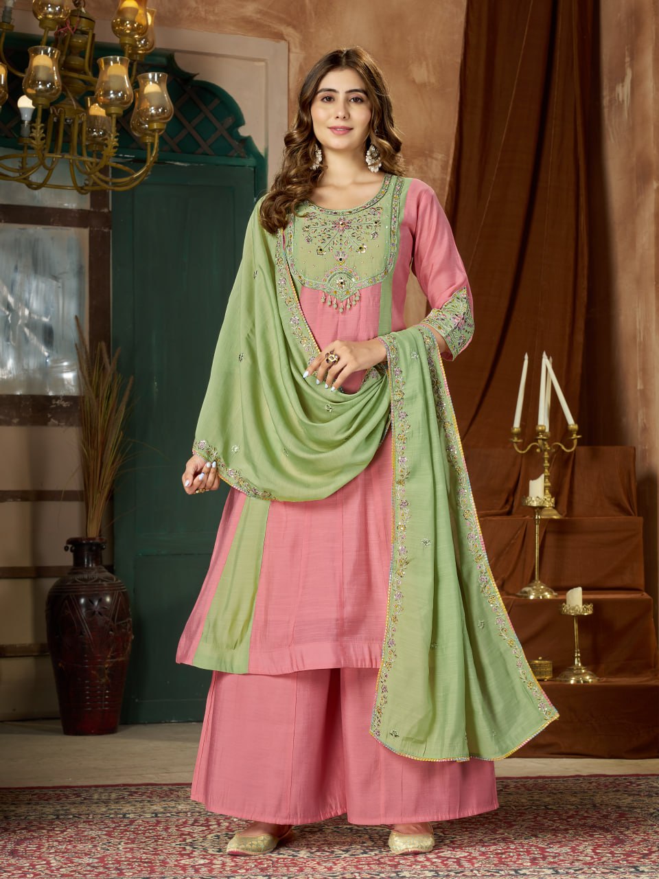 Pink & Mint Green Embroidered Mal Chanderi Kurta Set with Dupatta
