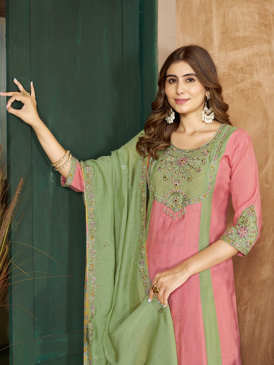 Pink & Mint Green Embroidered Mal Chanderi Kurta Set with Dupatta
