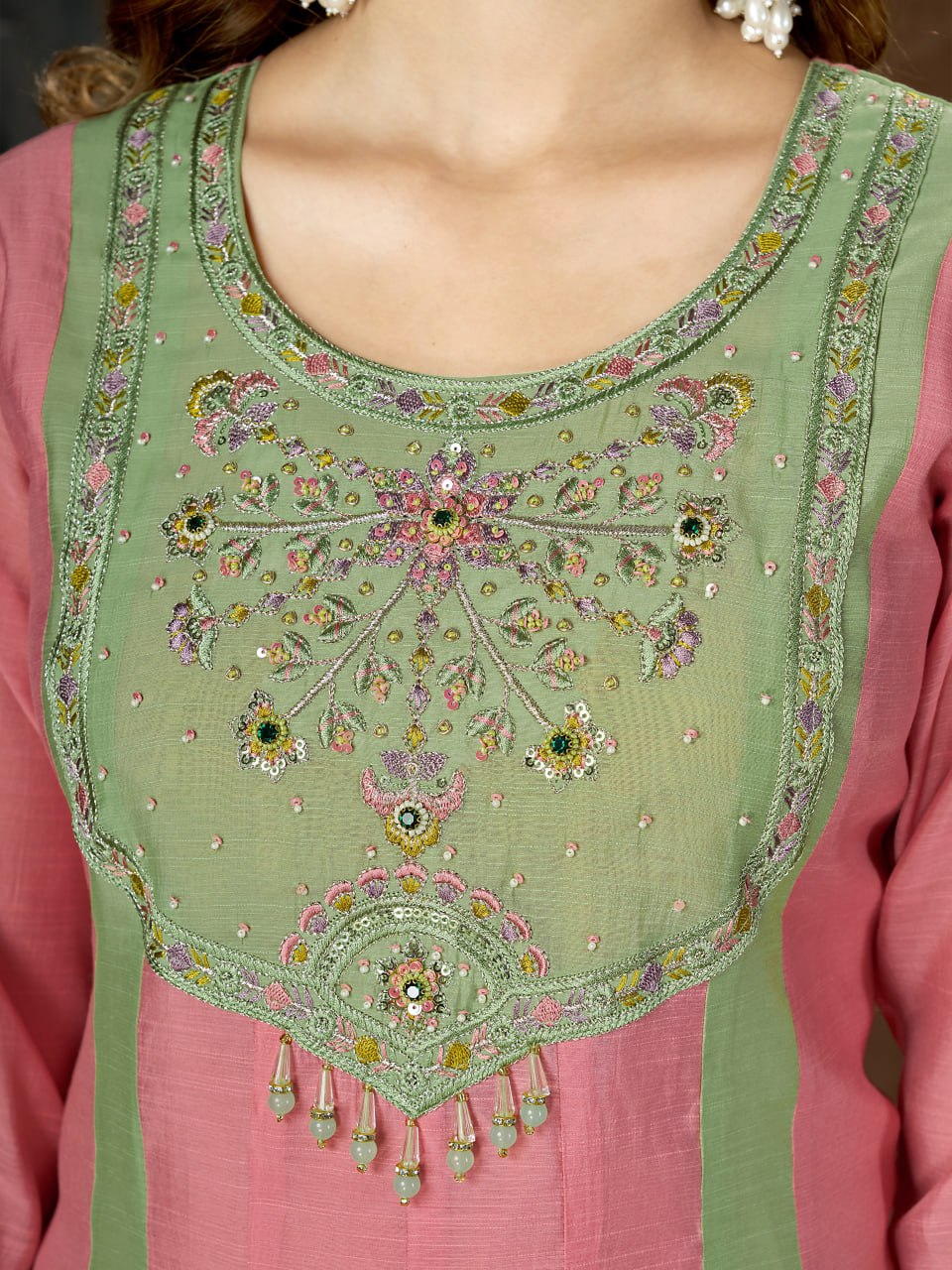 Pink & Mint Green Embroidered Mal Chanderi Kurta Set with Dupatta