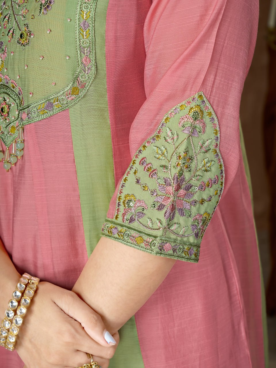 Pink & Mint Green Embroidered Mal Chanderi Kurta Set with Dupatta