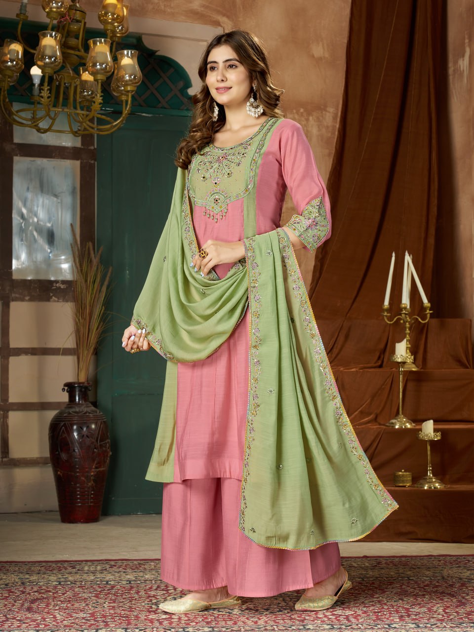Pink & Mint Green Embroidered Mal Chanderi Kurta Set with Dupatta