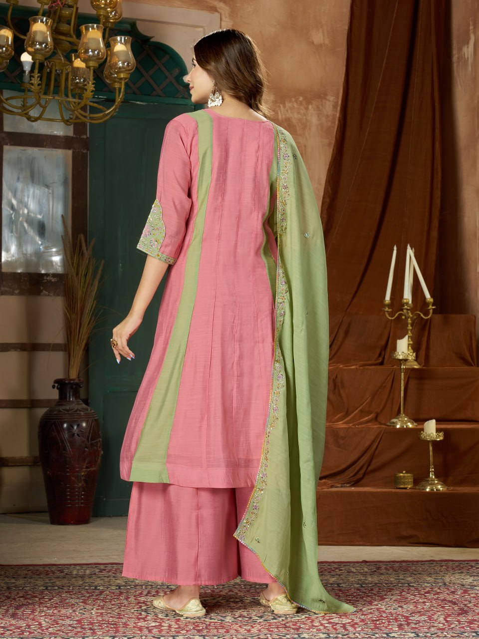 Pink & Mint Green Embroidered Mal Chanderi Kurta Set with Dupatta