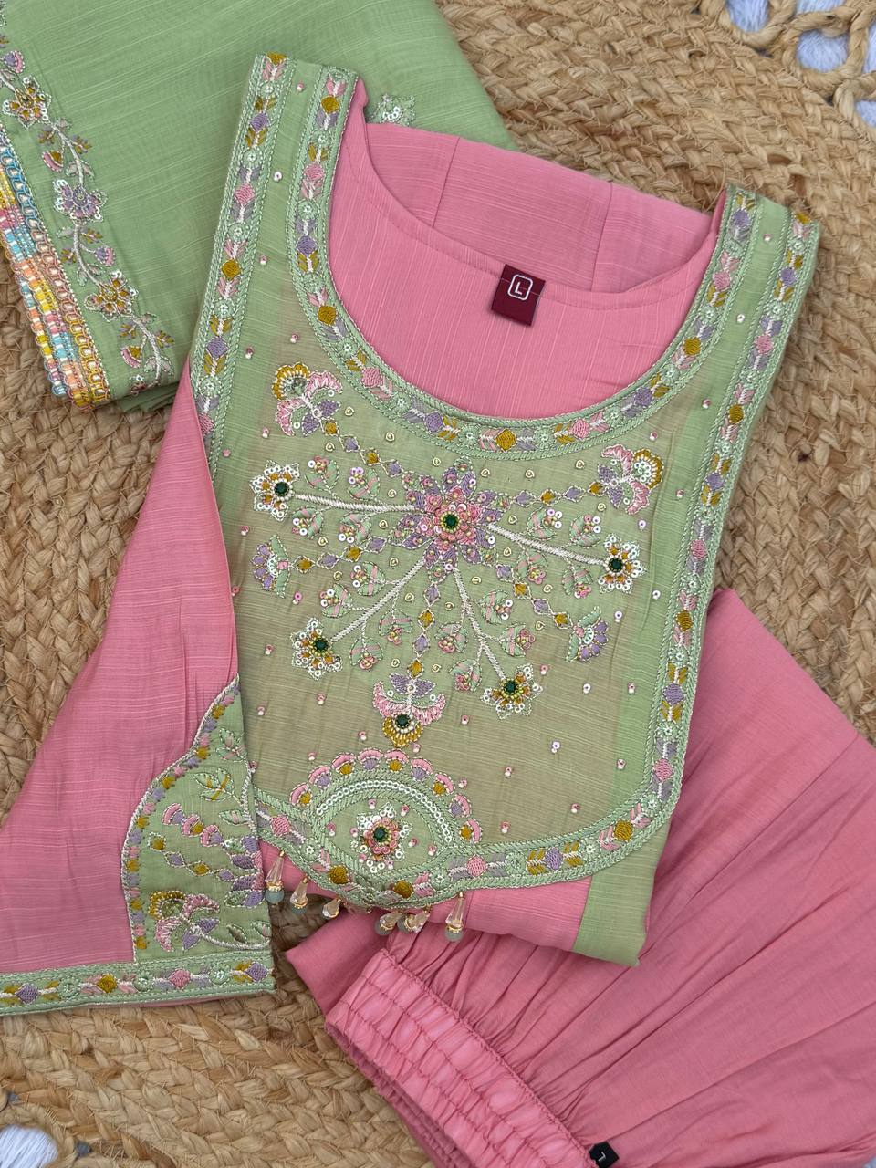 Pink & Mint Green Embroidered Mal Chanderi Kurta Set with Dupatta