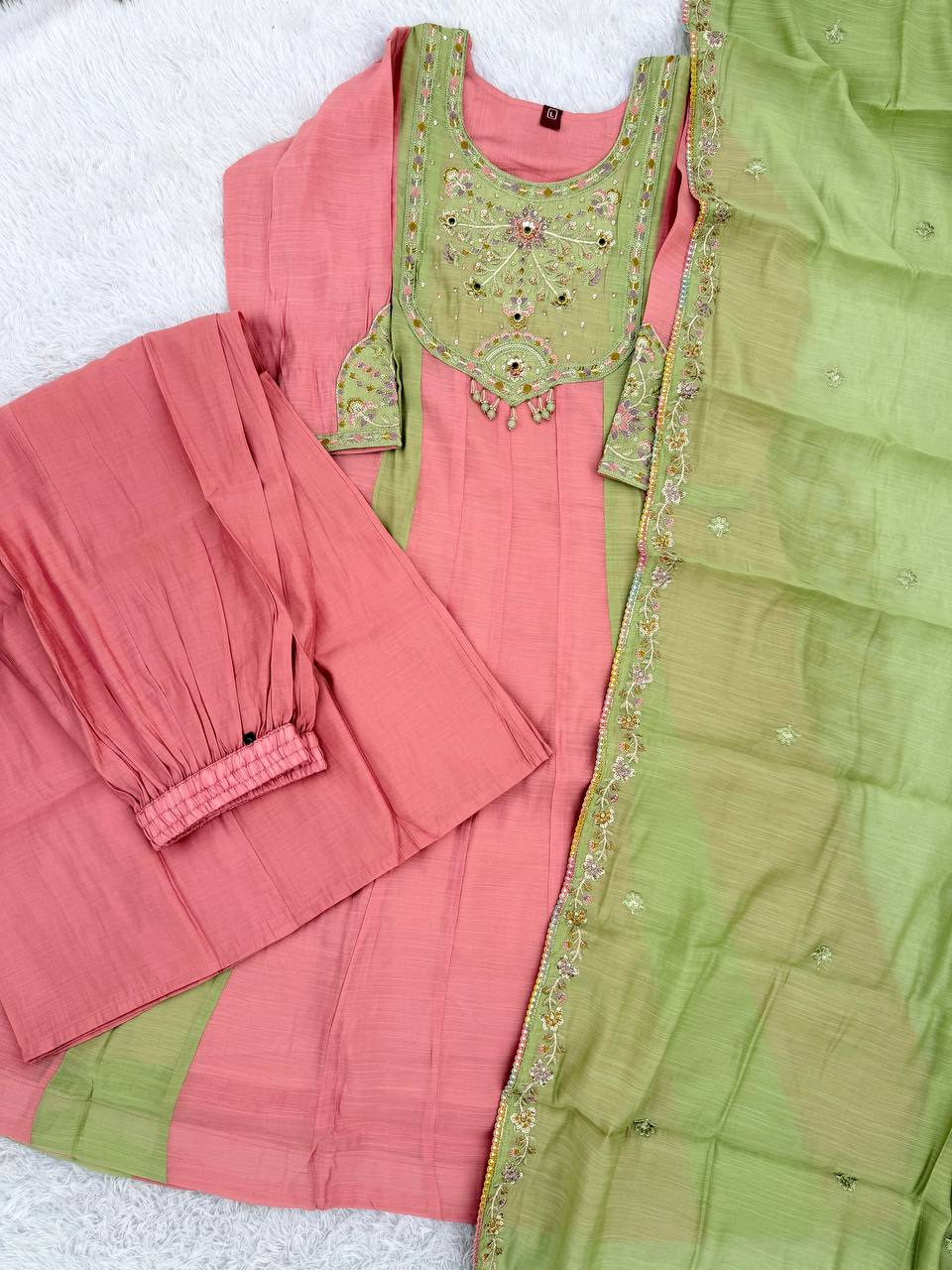 Pink & Mint Green Embroidered Mal Chanderi Kurta Set with Dupatta