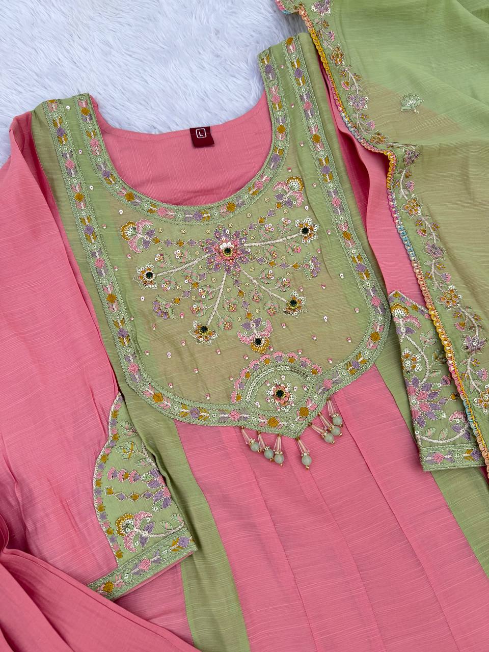 Pink & Mint Green Embroidered Mal Chanderi Kurta Set with Dupatta