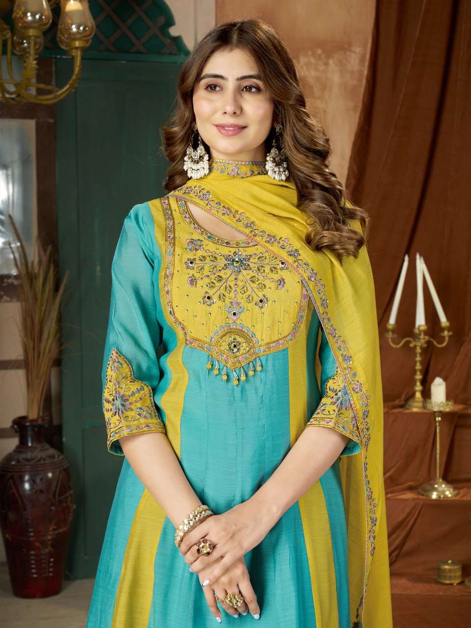 Turquoise Blue & Mustard Yellow Embroidered Mal Chanderi Kurta Set with Dupatta