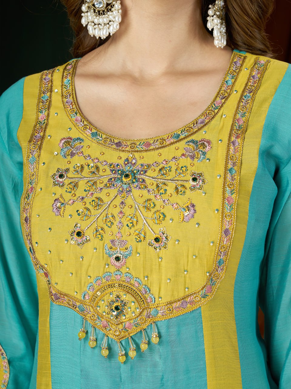 Turquoise Blue & Mustard Yellow Embroidered Mal Chanderi Kurta Set with Dupatta