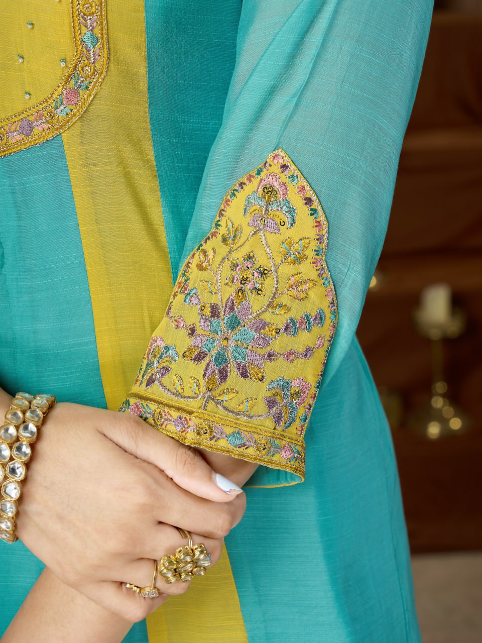 Turquoise Blue & Mustard Yellow Embroidered Mal Chanderi Kurta Set with Dupatta